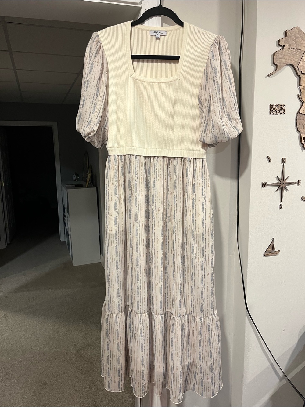 Polagram Ivory and Light Blue Patterned Puff-Sleeve Midi Dress
